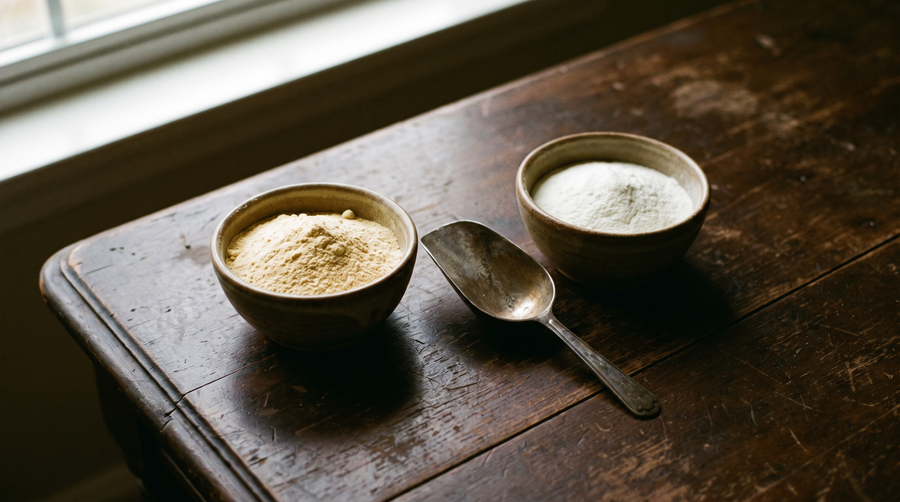 Two bowls side by side, golden colostrum and white whey powder