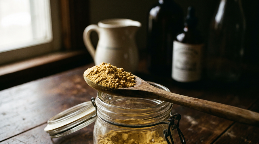 Colostrum powder heaped on a wooden spoon over a jar