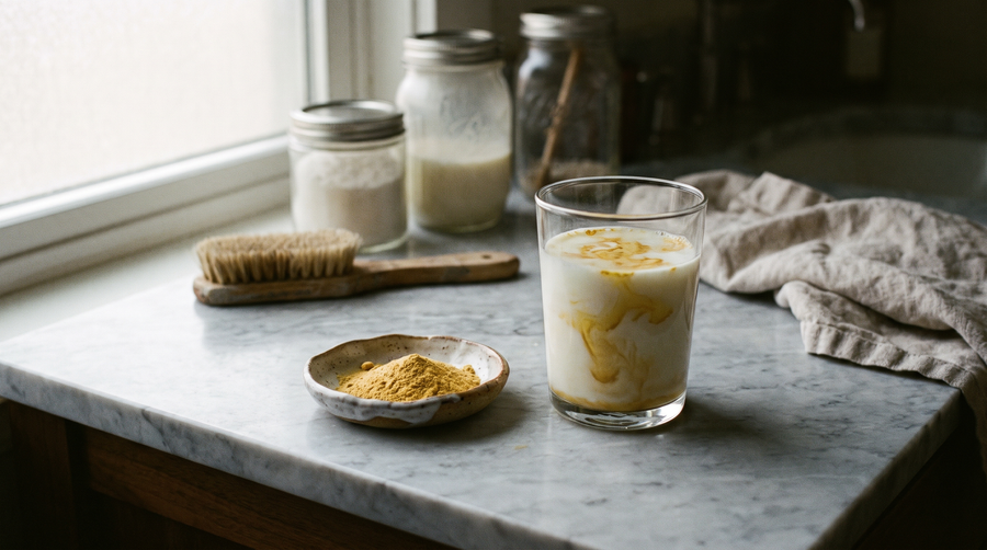 Colostrum powder swirled into a glass of milk on marble