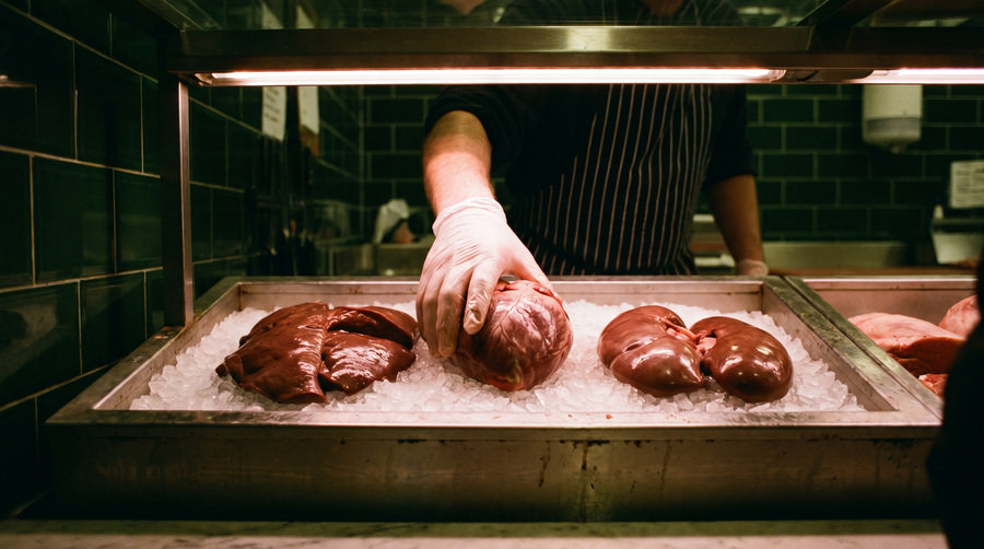 Butcher counter with fresh organ meats on ice