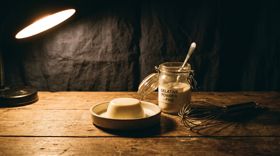 Panna cotta wobbling beside a jar of gelatin powder