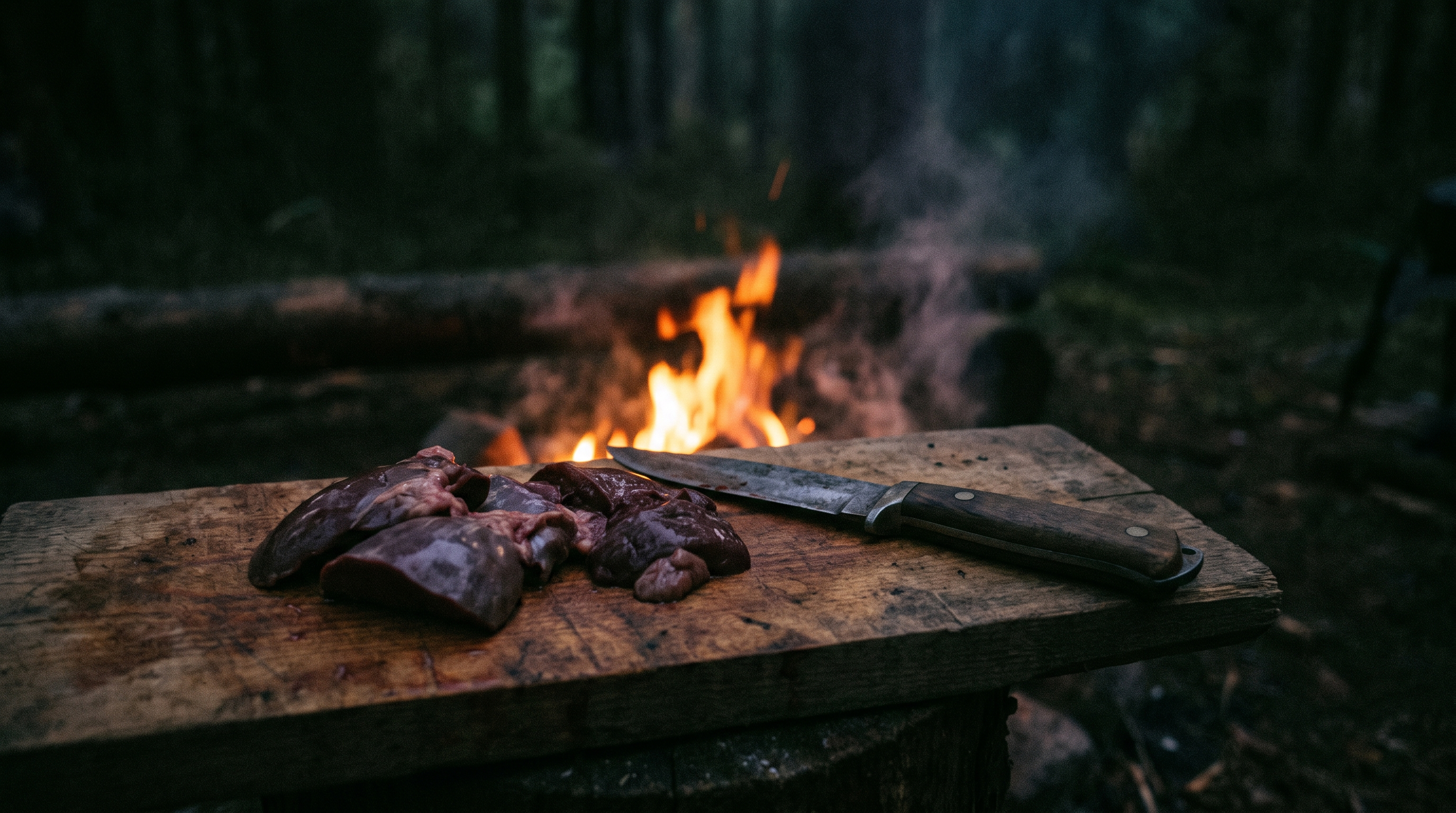 Campfire-lit rustic table with organ meat on a wooden board