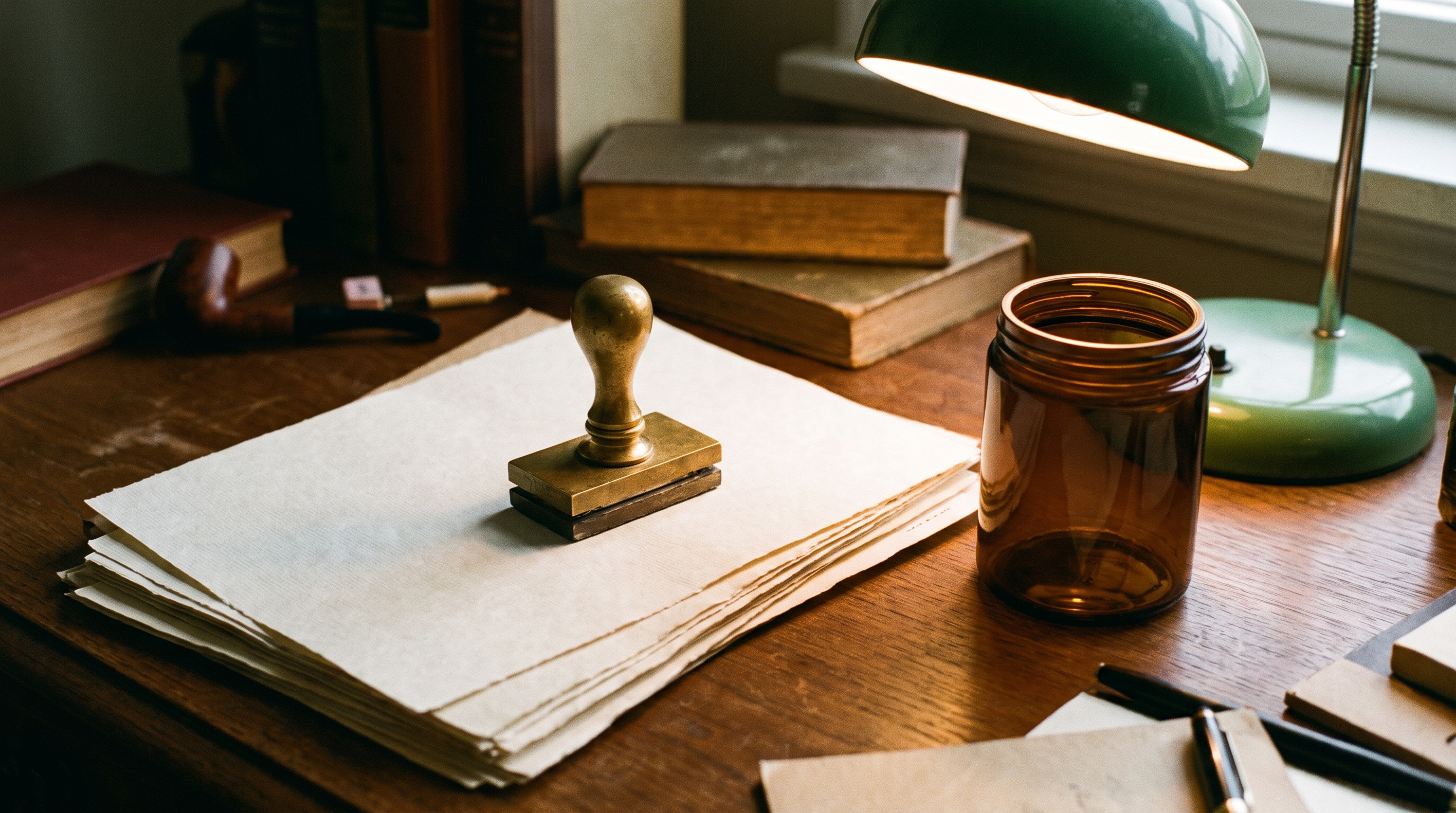 Official stamp and documents beside a supplement jar silhouette