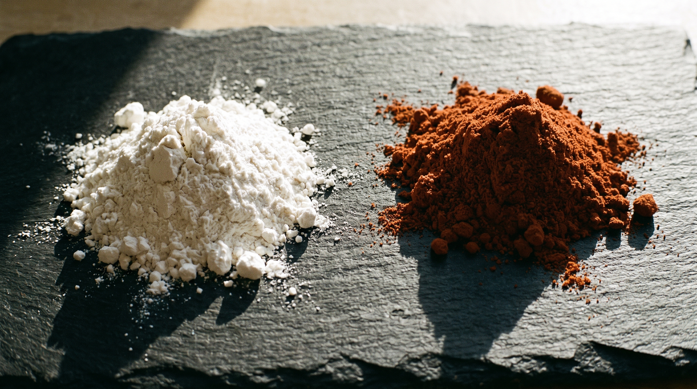 White filler powder heap contrasted with pure organ powder