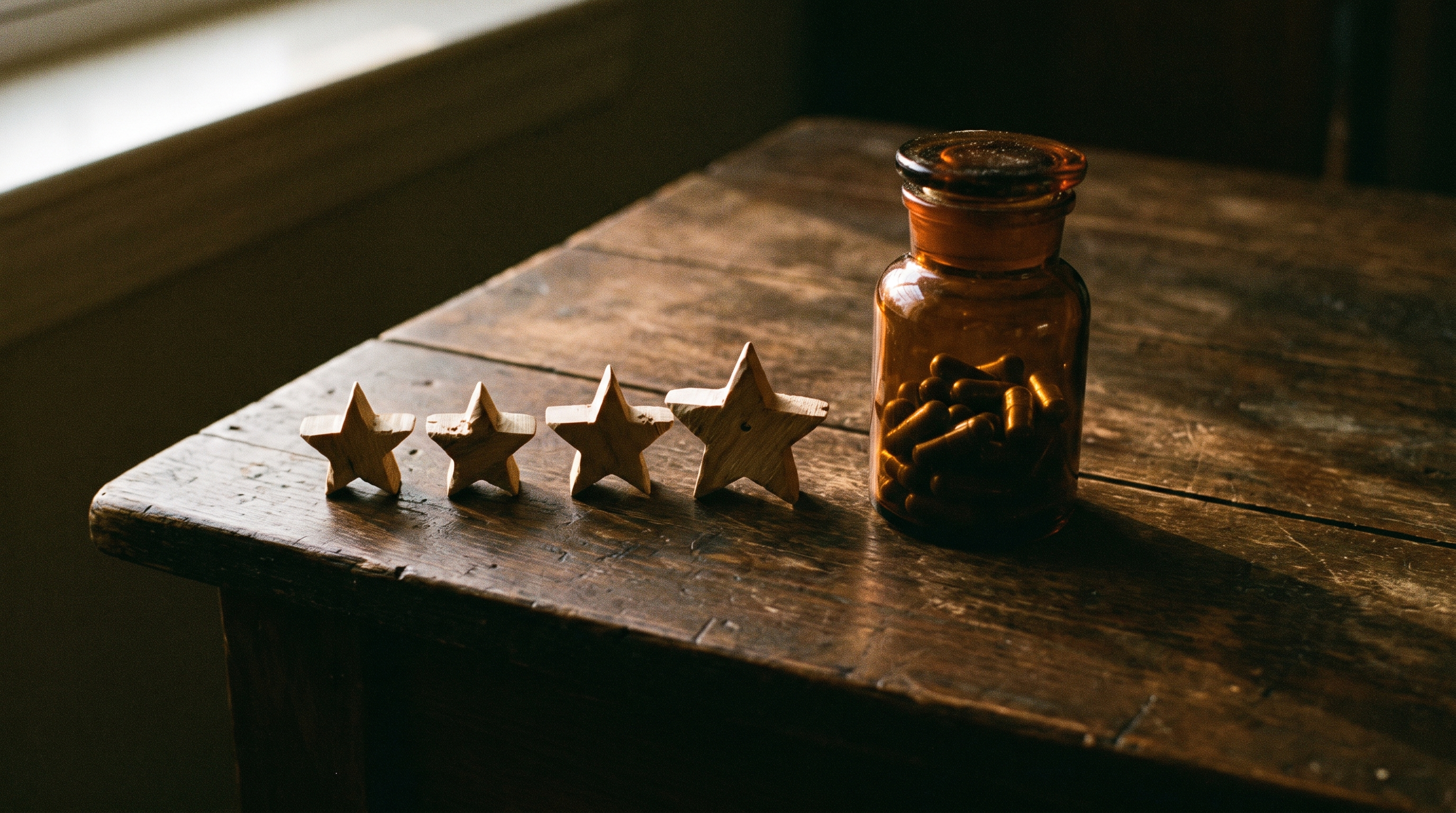 Five wooden stars beside a jar of Rise Nutrition beef organ capsules — customer reviews