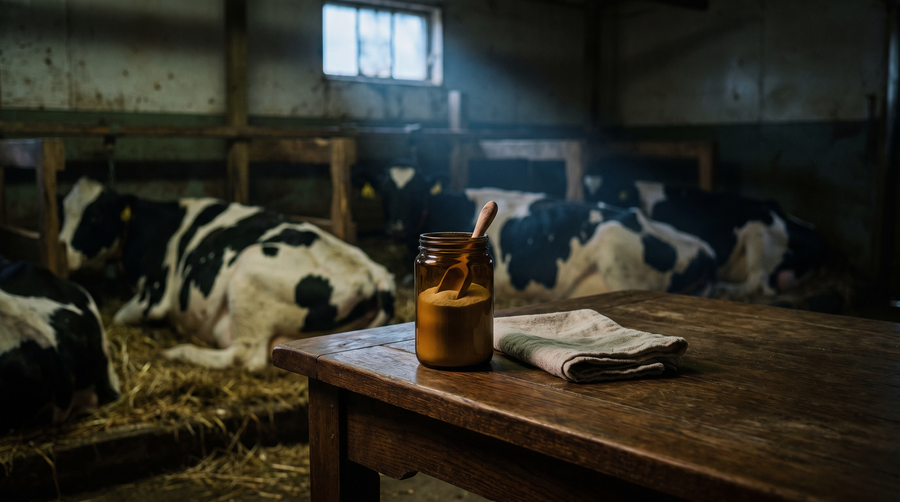 Amber glass jar of colostrum powder with a wooden scoop on a weathered table in a Canadian dairy barn at first light