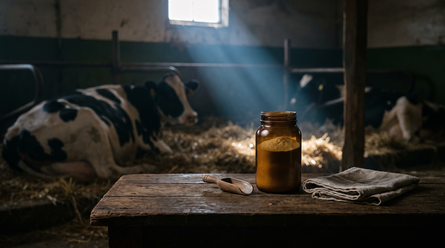 Amber jar of colostrum powder with a wooden scoop on a dark oak table in a Canadian dairy barn, Holstein cows resting behind