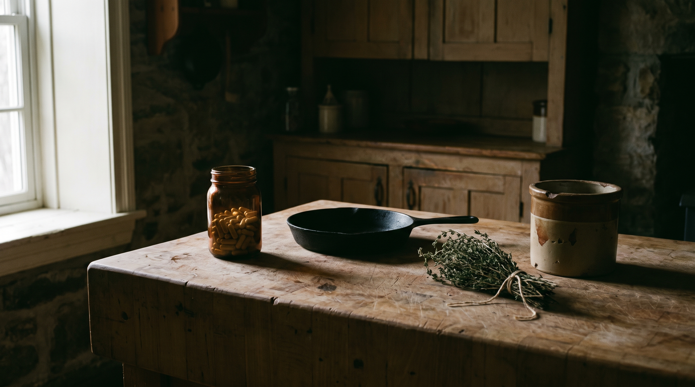 Unbranded amber bottle of capsules, cast-iron pan and dried thyme on a butcher-block counter in a dim Canadian farmhouse kitchen