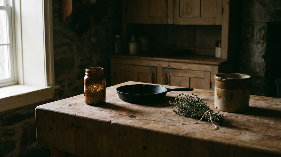 Unbranded amber bottle of capsules, cast-iron pan and dried thyme on a butcher-block counter in a dim Canadian farmhouse kitchen