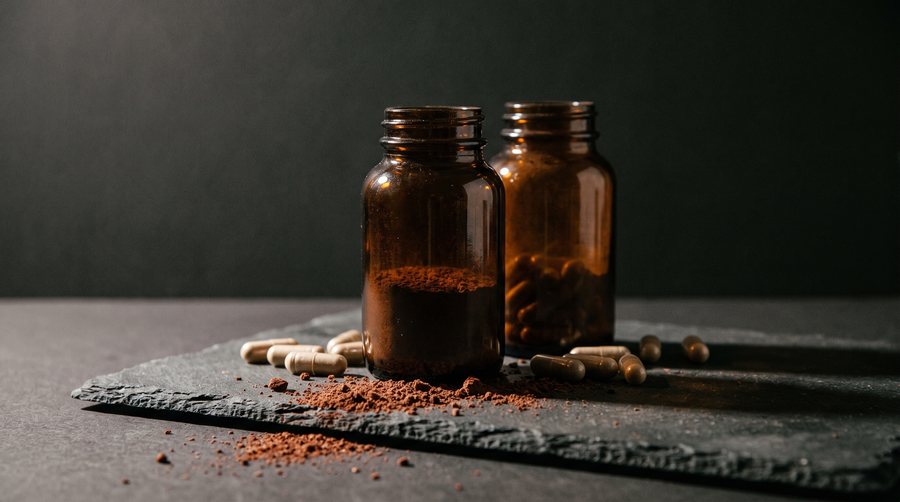 Two unbranded amber glass supplement bottles side by side on dark slate with loose capsules and organ powder