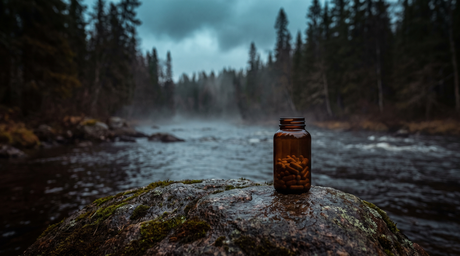 Unbranded amber bottle of capsules on a mossy granite boulder beside a cold northern Canadian river at dawn