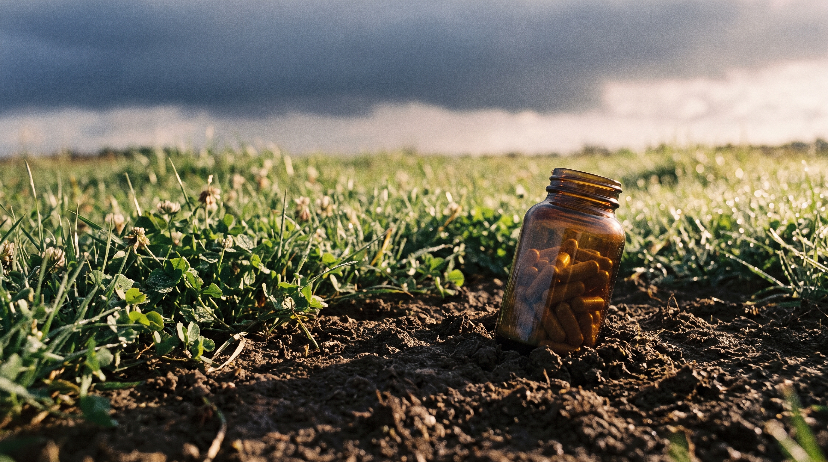 Unbranded amber bottle of capsules settled into dark topsoil at the edge of a green Canadian pasture at sunrise