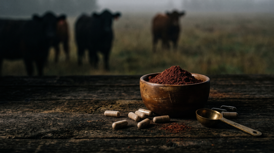 Wooden bowl of coarse organ powder with loose capsules and a brass scoop on dark barnwood, grass-fed cattle out of focus behind