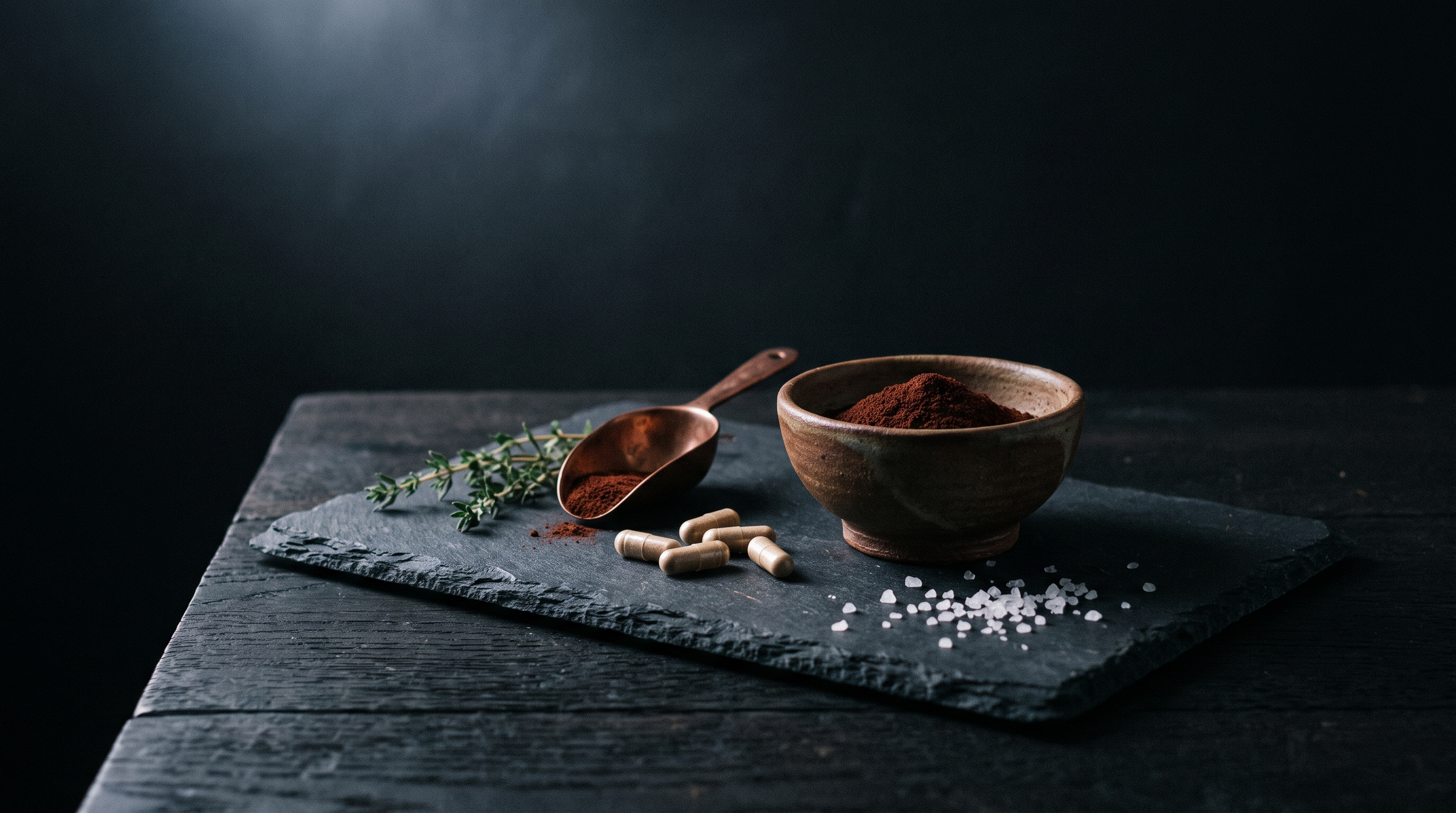 Ceramic bowl of freeze-dried beef liver powder with a copper scoop and loose capsules on a dark slate board