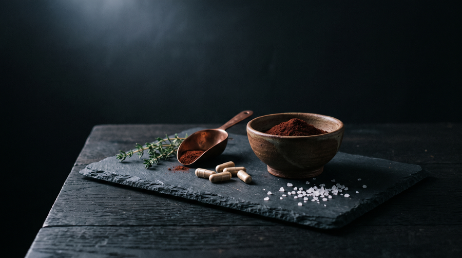 Ceramic bowl of freeze-dried beef liver powder with a copper scoop and loose capsules on a dark slate board