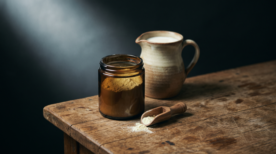 Amber glass jar of pale golden bovine colostrum powder with a wooden scoop and a ceramic pitcher of fresh milk on a rustic wooden table